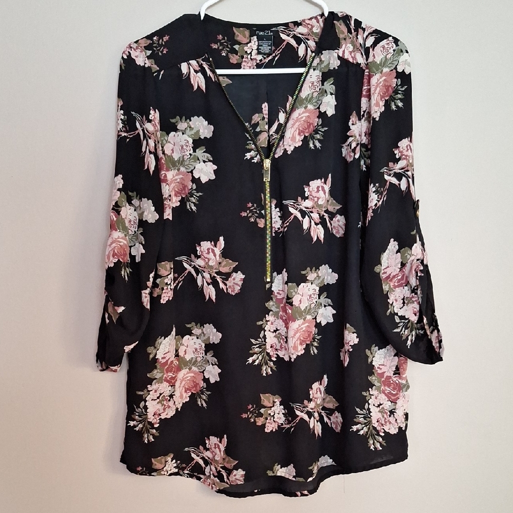 Rue21 Black Floral Blouse with Pink Accents - Picture 1 of 4